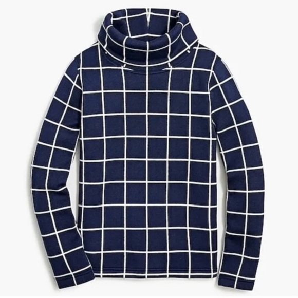 J Crew Funnel Neck Pullover Fleece Lined Windowpane Sweater Women's Small Navy - Picture 4 of 12